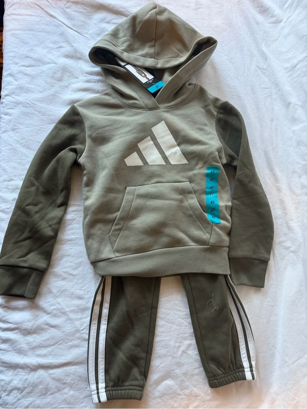 adidas Kids Olive Green Hoodie & Jogger Set with White Stripes - 4T